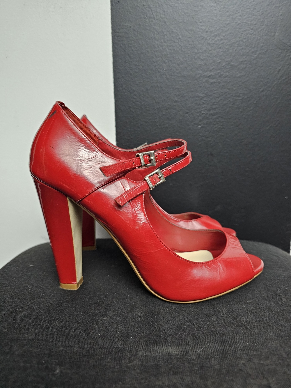 Colin Stuart Red Double-Strap Peep-Toe Heels